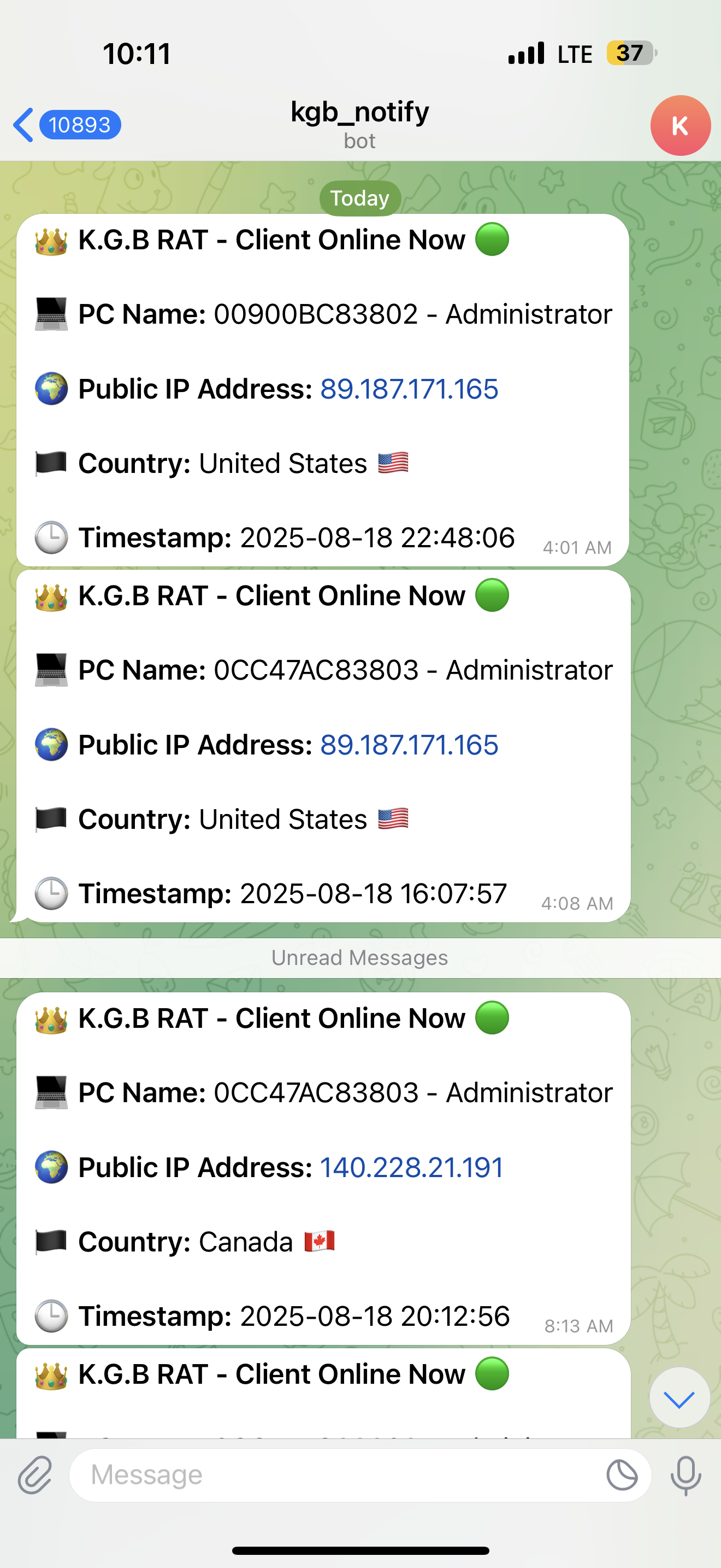 Telegram Notification Example 1 - KGB Remote Tool Live Notifications