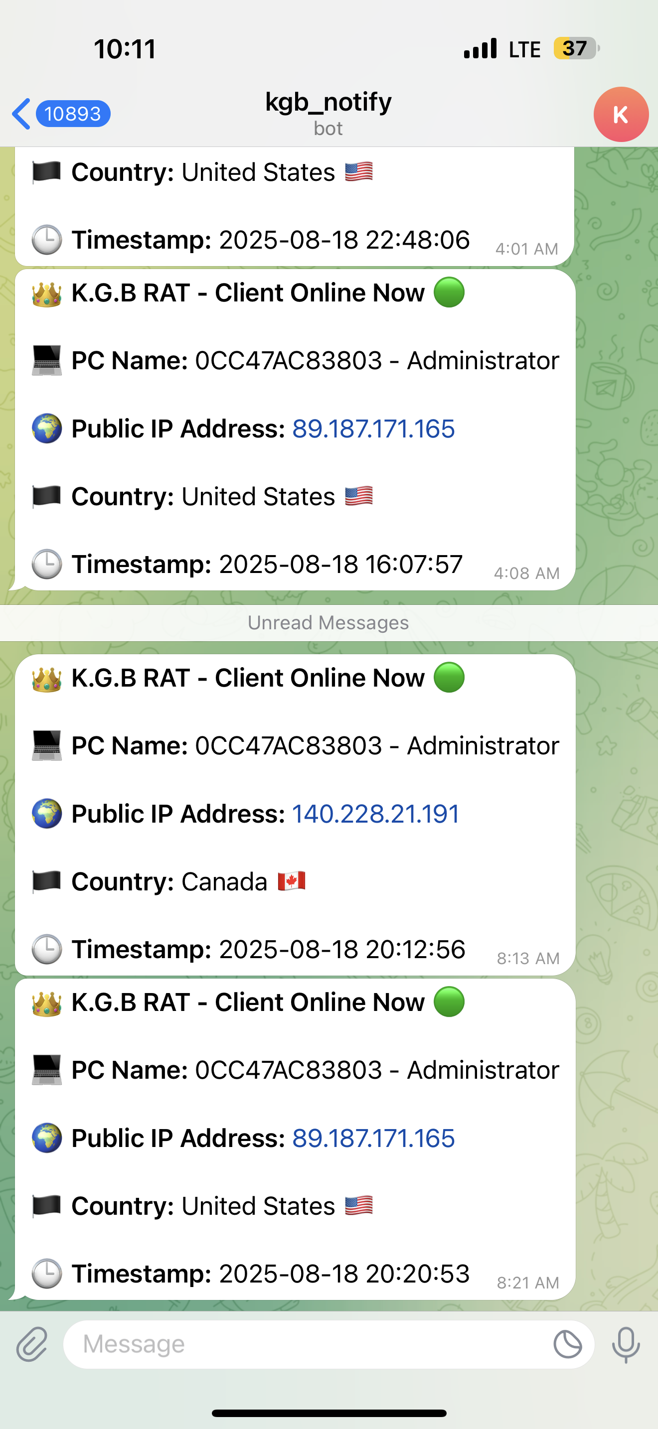 Telegram Notification Example 2 - KGB Remote Tool Real-time Alerts
